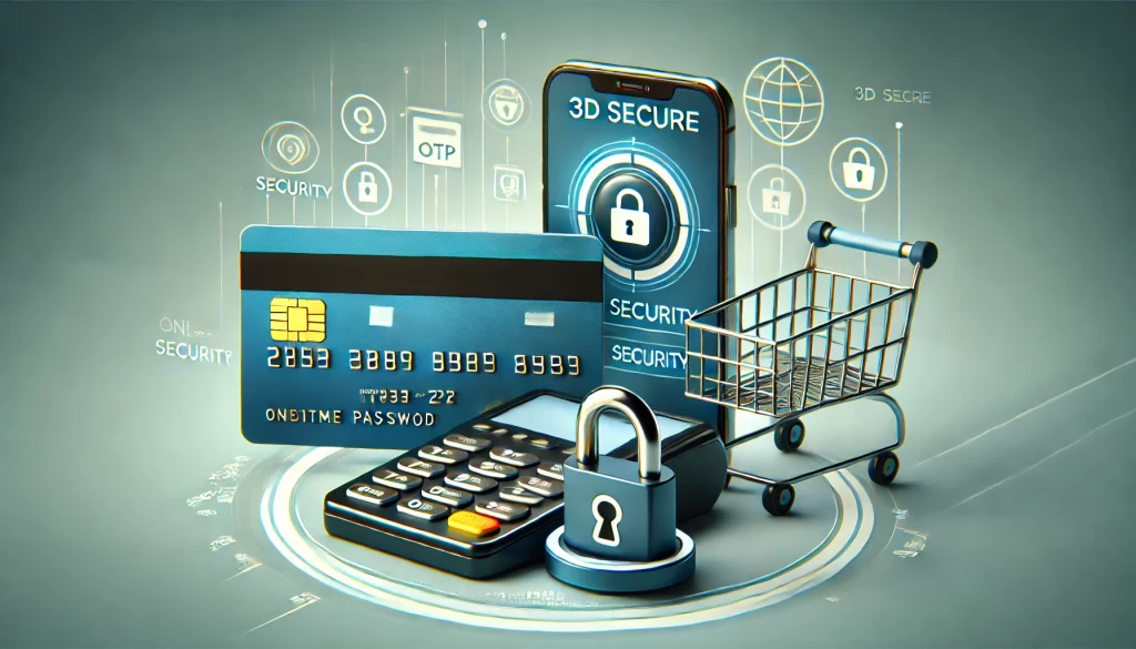 DALL·E 2024 08 21 09.58.01 A digital illustration representing 3D Secure. The image shows a secure online payment scenario with a credit card, a mobile phone displaying a one ti