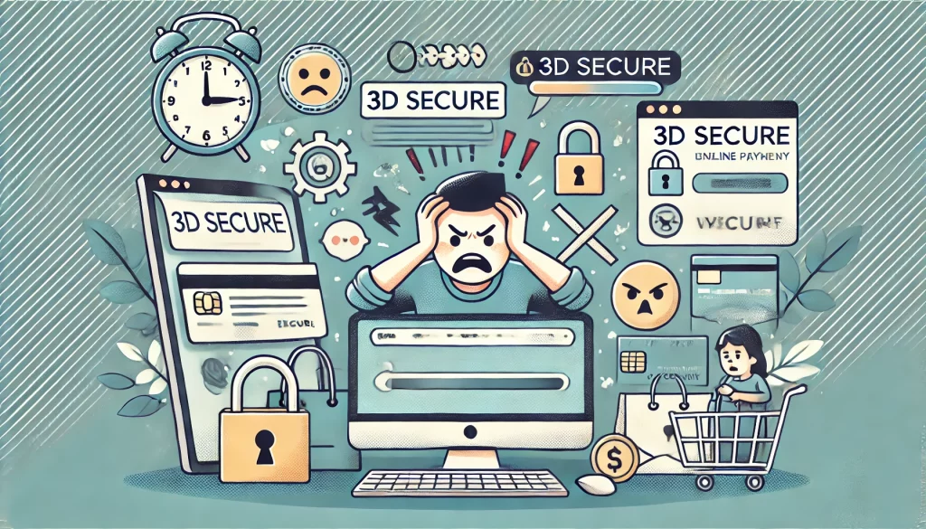 DALL·E 2024 08 21 10.04.03 An illustration representing the disadvantages of 3D Secure. The image shows a frustrated customer at a computer, facing a delayed or failed online pa